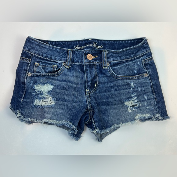 American Eagle Short Womens 2 Medium Wash 3” Low Rise Distress Y2K Summer Casual - Picture 2 of 10